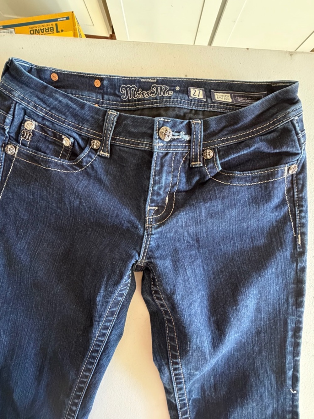 Miss Me Dark Blue Boot Cut Jeans with Sequin-Embellished Pockets size 27 - Picture 3 of 5